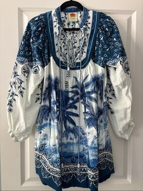FARM Rio Blue & White Palm Print Mini Dress Size S